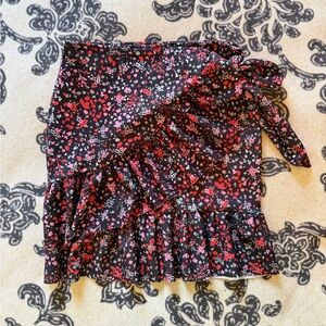 Floral Wrap Ruffle Mini Skirt - Black with Pink & Red